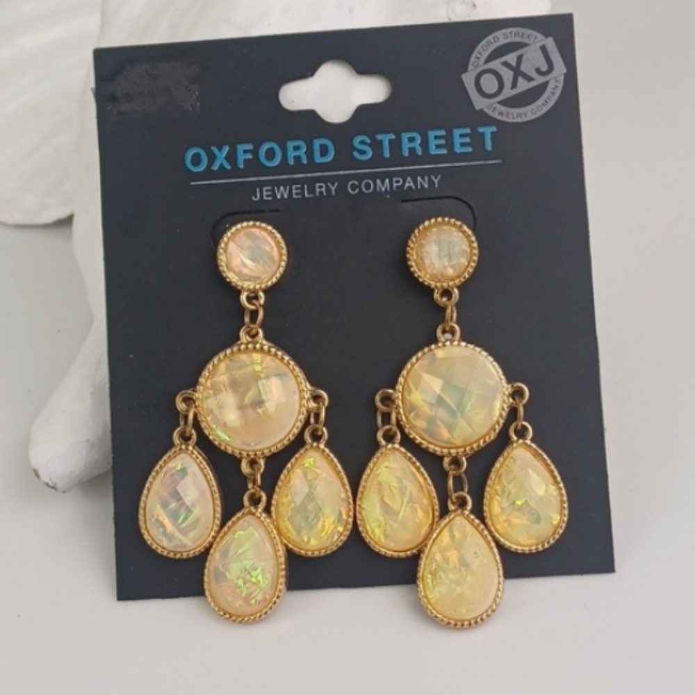 Gold-Tone Opalescent Teardrop Chandelier Gorgeous Creamy Dreamy Earrings